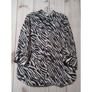 Chico's Shirt Ladies Large Chico's 3 Black White Zebra‎ Button Front 100% Linen
